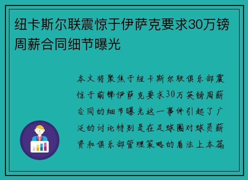 纽卡斯尔联震惊于伊萨克要求30万镑周薪合同细节曝光