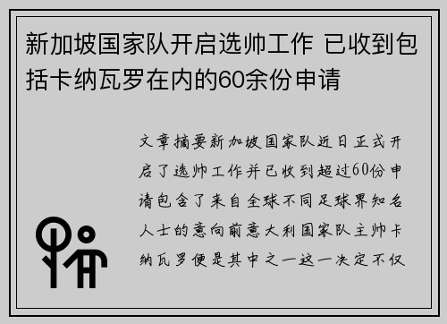 新加坡国家队开启选帅工作 已收到包括卡纳瓦罗在内的60余份申请