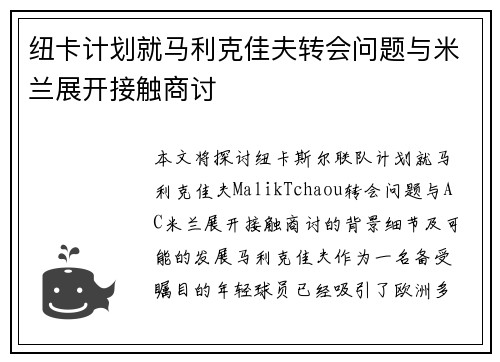 纽卡计划就马利克佳夫转会问题与米兰展开接触商讨