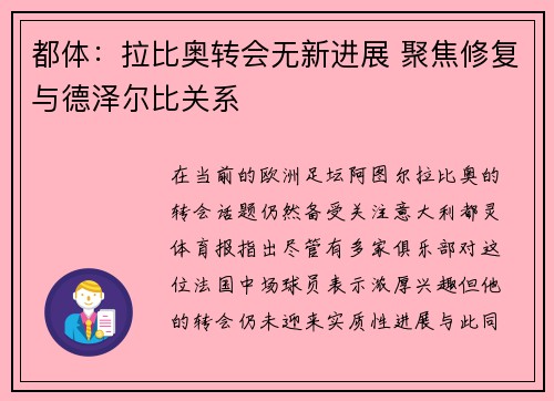 都体：拉比奥转会无新进展 聚焦修复与德泽尔比关系