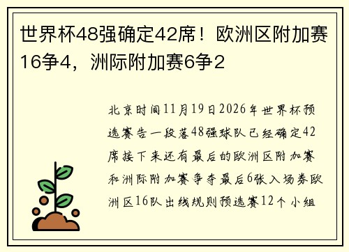 世界杯48强确定42席！欧洲区附加赛16争4，洲际附加赛6争2